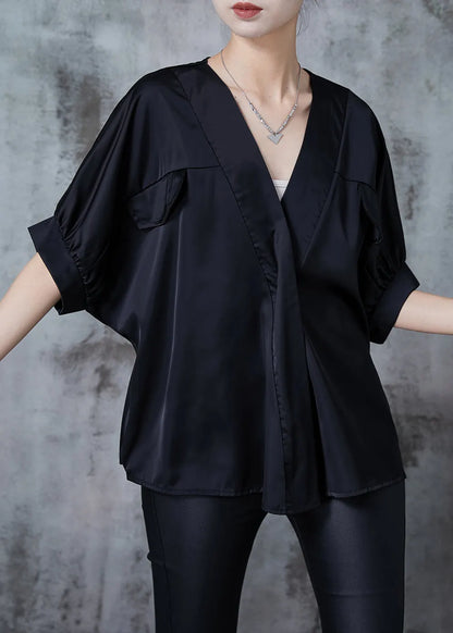 Black V Neck Patchwork Silk Shirt Top Summer