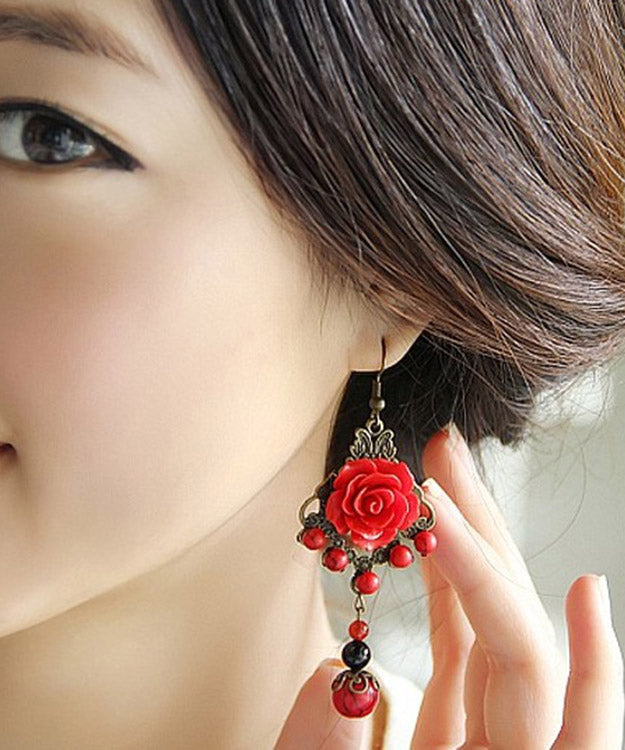 Red Sterling Silver Alloy Agate Turquoise Tassel Drop Earrings