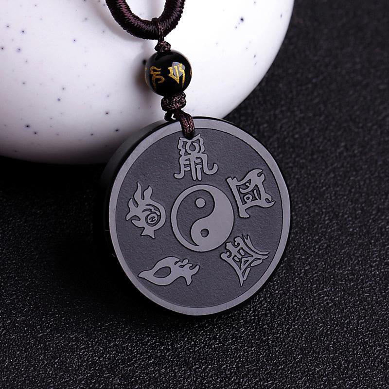 Buddha Stones Natural Black Obsidian Taoism Five Sacred Mountains Nine-character Mantra Carved Strength Yin Yang Necklace Pendant Key Chain