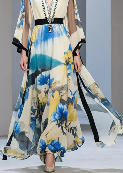 Cinched Print Exra Large Hem Chiffon Long Dress Fall