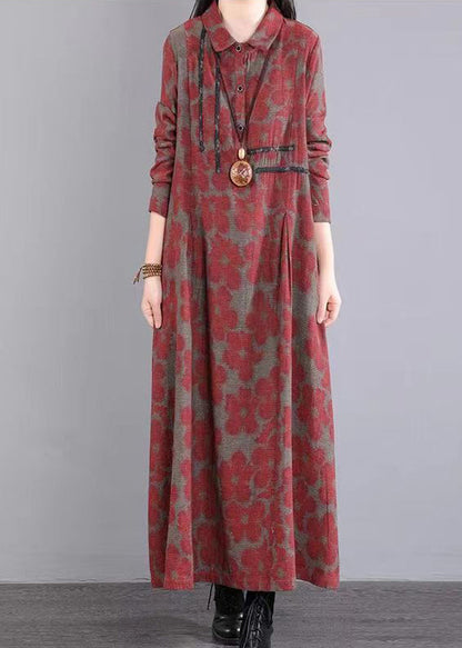 Red Peter Pan Collar Print Patchwork Cotton Long Dress Fall