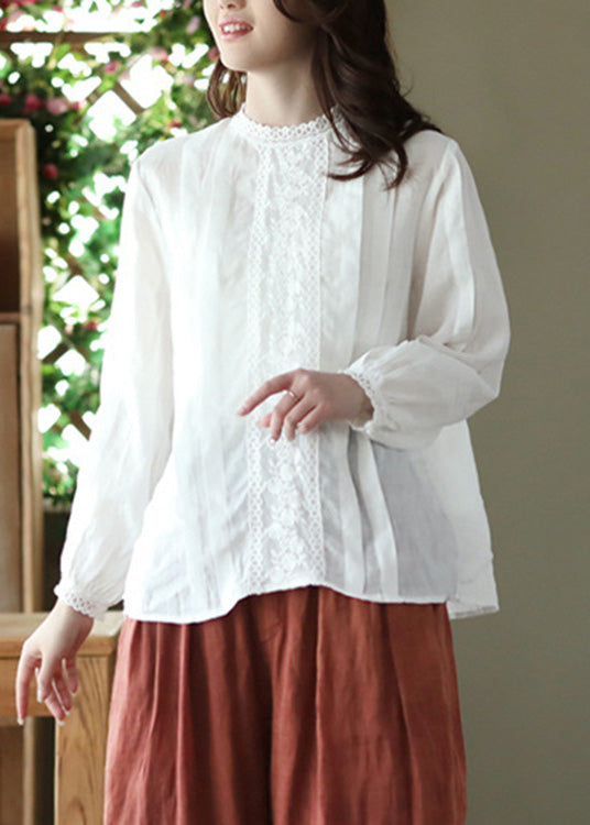 White O-neck Wrinkled Ramie Top Spring