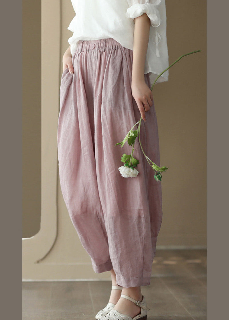 Brief Pink Elastic Waist Wide Ramie Leg Pants Summer