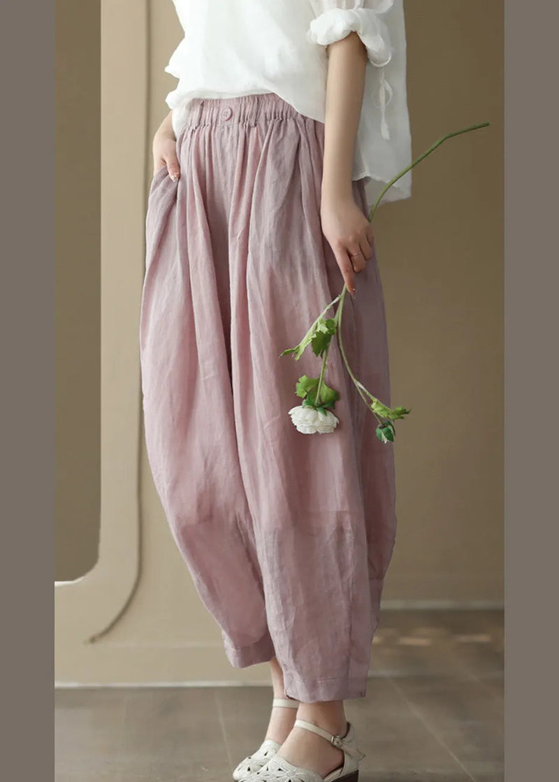 Brief Pink Elastic Waist Wide Ramie Leg Pants Summer
