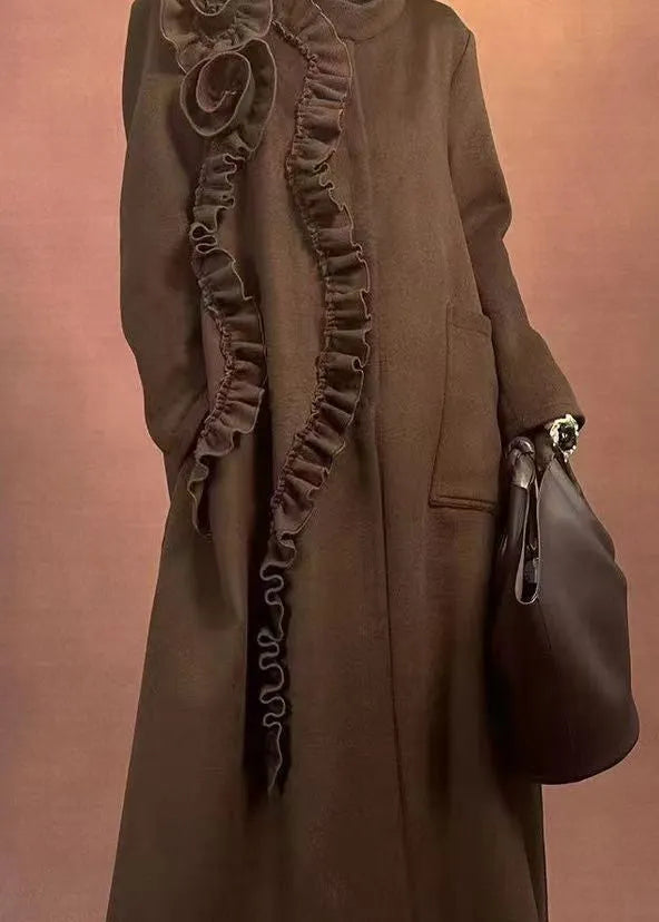 Fine Coffee O-neck Ruffled Patchwork Pockets Woolen Long Coats Winter