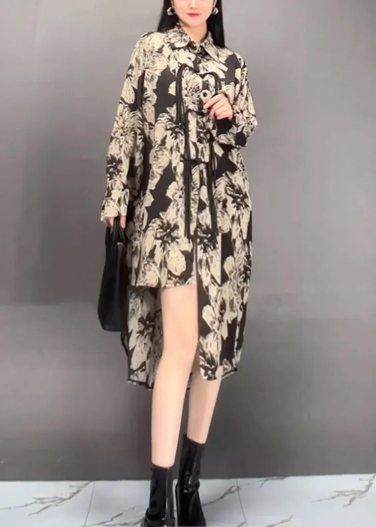 Black Peter Pan Collar Asymmetrical Print Long Dress Fall