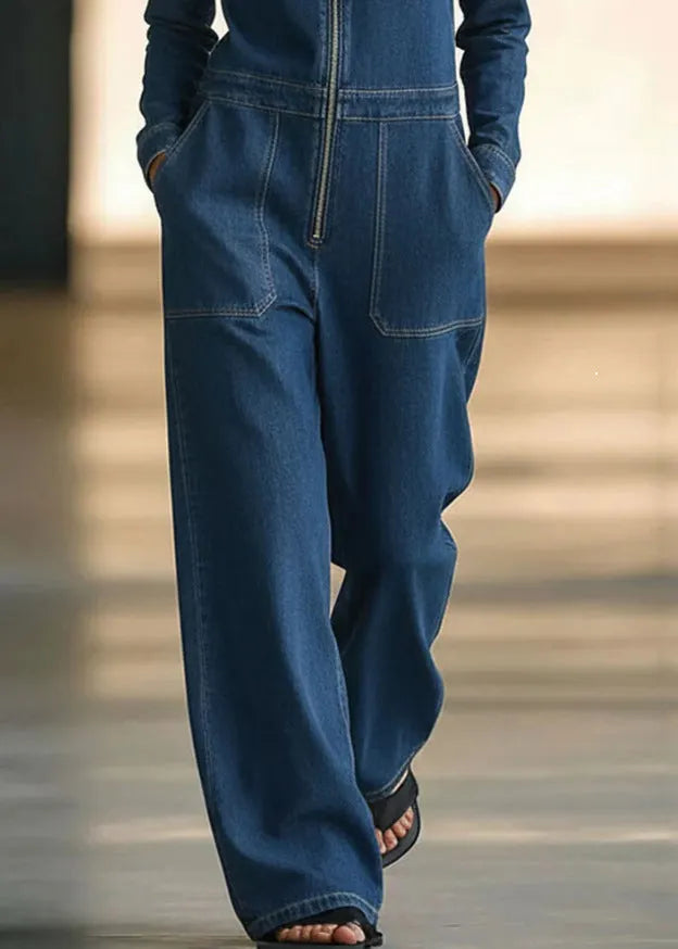 New Blue Peter Pan Collar Zippered Patchwork Denim Jumpsuit Fall