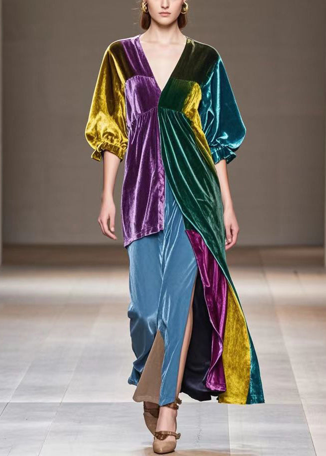 Multicolor Asymmetrical Patchwork Silk Velvet Dress Half Sleeve