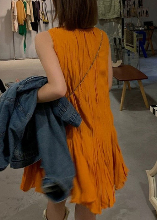 New Orange O Neck Cotton Mid Dress Sleeveless
