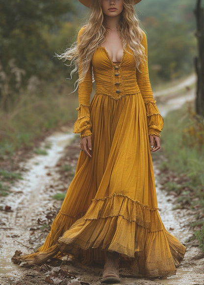 Yellow Wrinkled Patchwork Cotton Long Dresses Fall