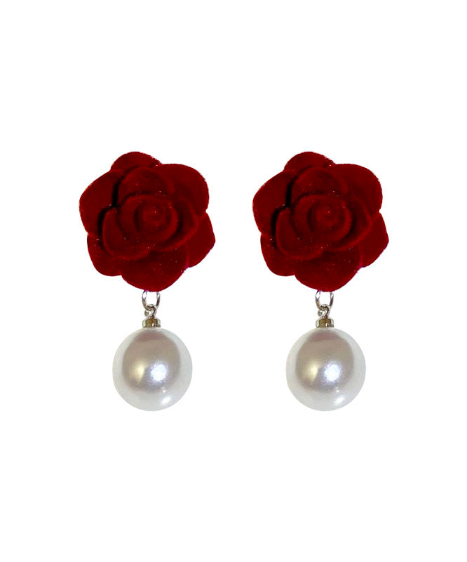 Art Mulberry Flocking Pearl Rose Drop Earrings