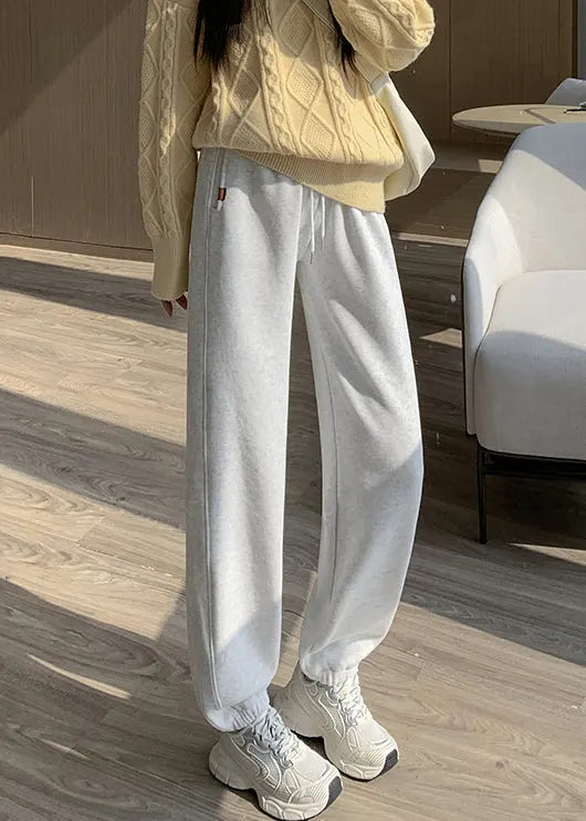 Light Grey Pockets Elastic Waist Warm Fleece Beam Pants Winter