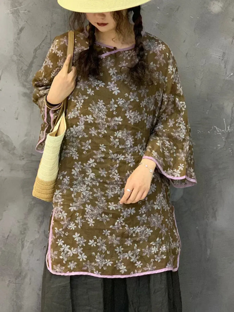 Summer Flower Spliced Long Ramie Shirt