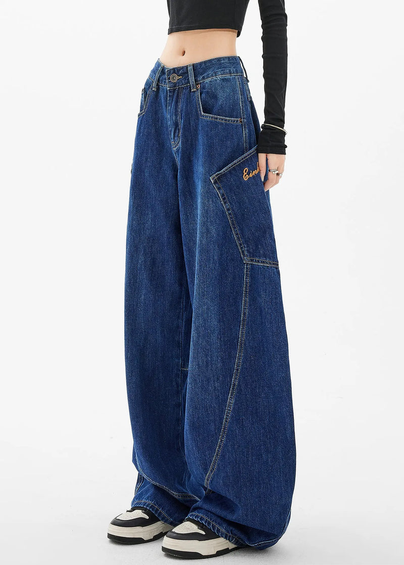 Loose Navy Pockets Wide Leg Denim Pants Spring