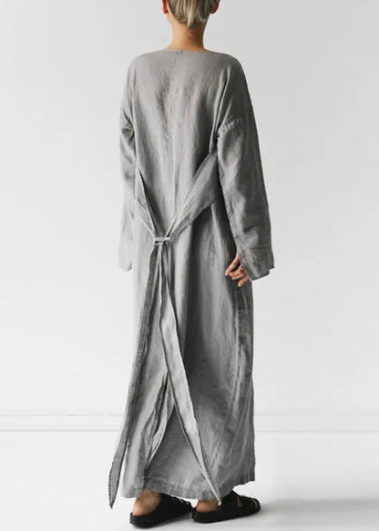 New Grey Tie Waist Cotton Long Dress Long Sleeve