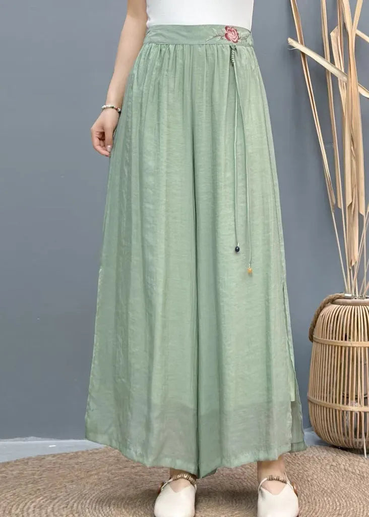 White Embroidered Side Open Linen Wide Leg Pants Summer