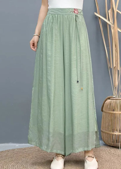 White Embroidered Side Open Linen Wide Leg Pants Summer