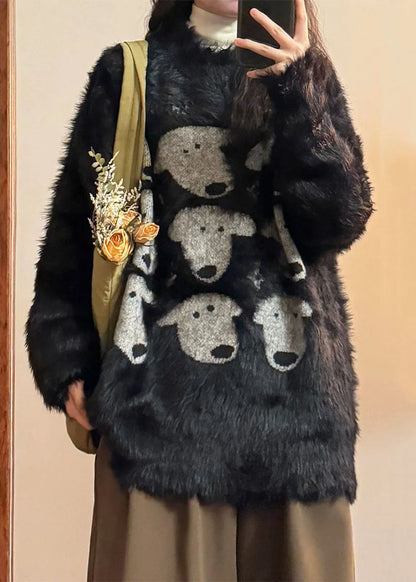 Black O Neck Dog Head Cozy Mink Velvet Sweater