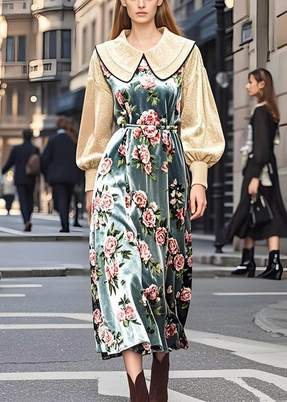 Beige Peter Pan Collar Patchwork Silk Velvet Dresses Spring