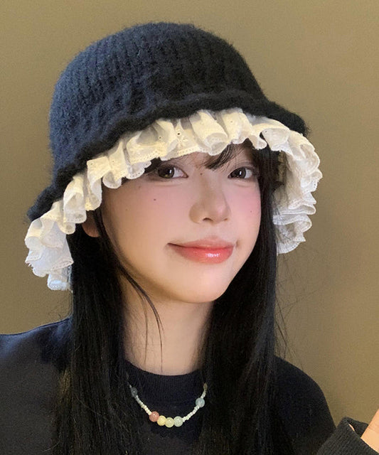 Black Lace Patchwork Knit Bucket Hat