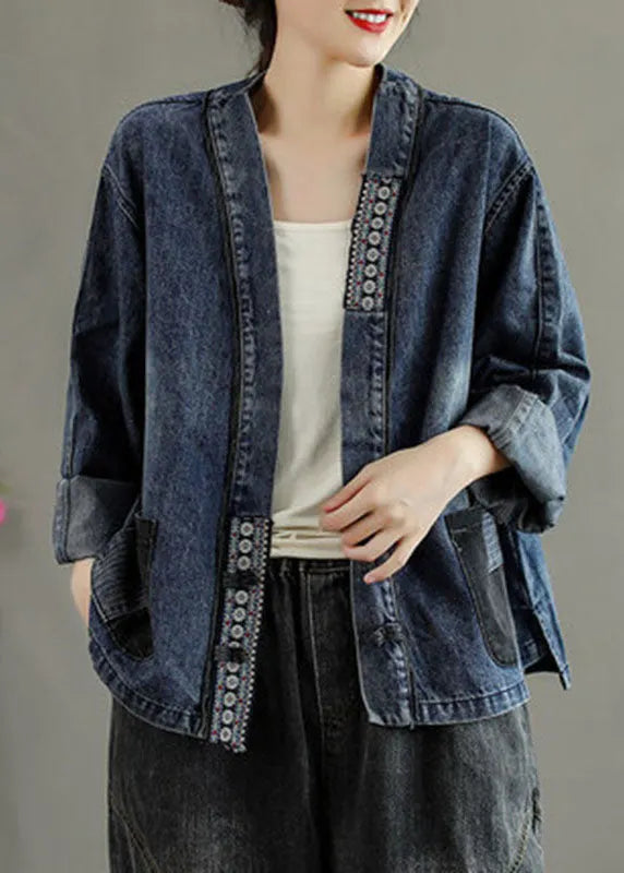 Black Embroidered Pockets Button Patchwork Fall Denim Coat