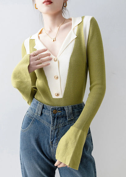 Italian Green V Neck Patchwork Knit Top Flare Sleeve
