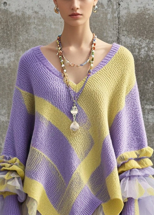 Purple Asymmetrical Patchwork Tulle Knitwear Dress Fall