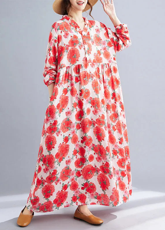 Red Oversized Print Cotton Holiday Dresses Spring