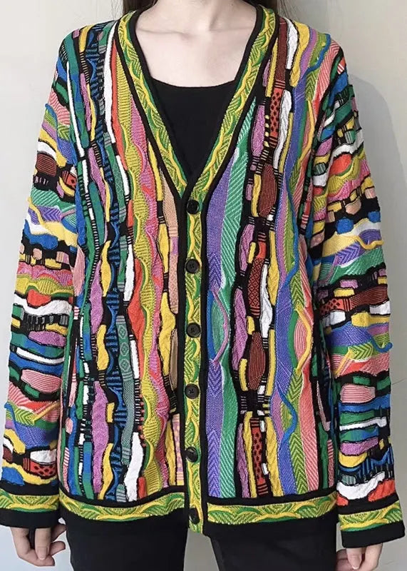 Rainbow V Neck Button Cotton Knit Cardigan Long Sleeve