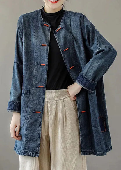 French Blue O-neck Pockets Patchwork Denim Coats Long Sleeve