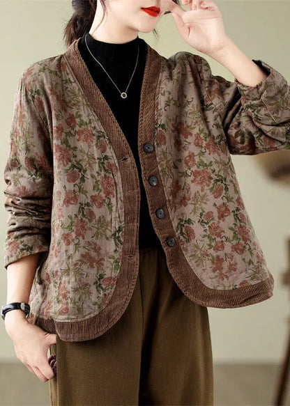 V Neck Print Button Fine Cotton Filled Jackets Spring