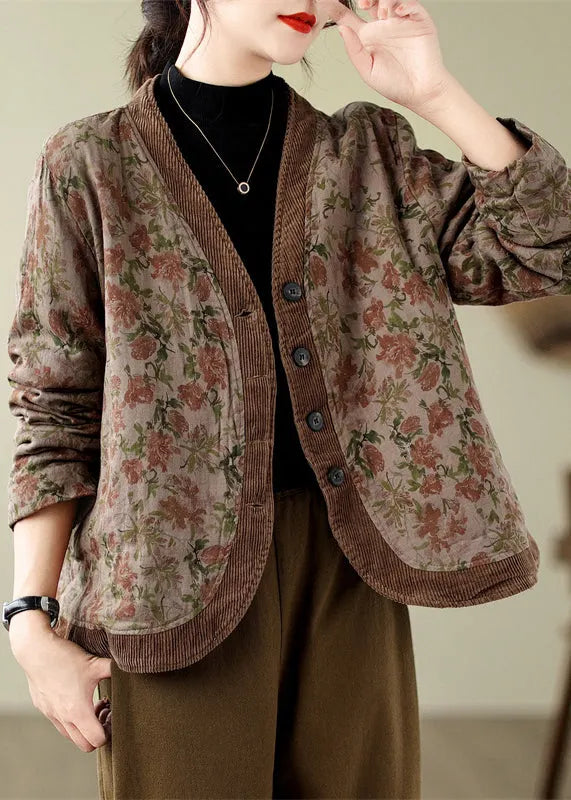 V Neck Print Button Fine Cotton Filled Jackets Spring