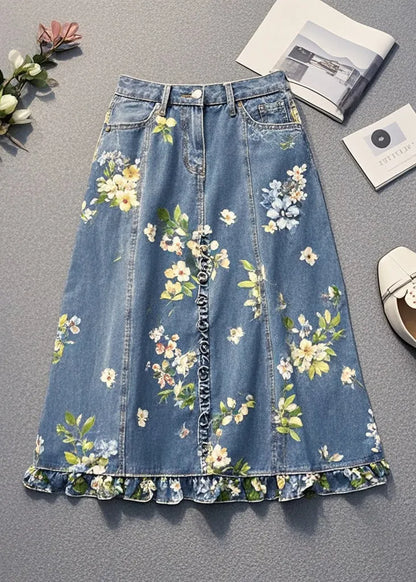 Blue Ruffled Print Denim Skirt Fall