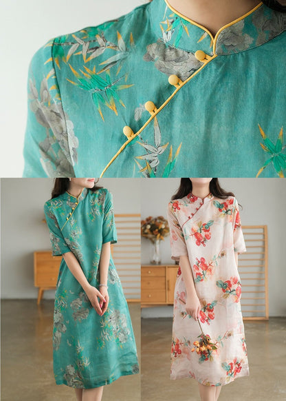 Green Stand Collar Print Cotton Cheongsam Dress Short Sleeve