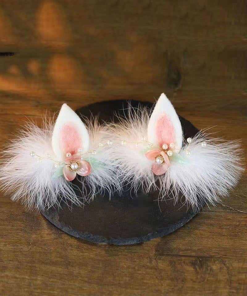 Watery Red Alloy Pearl Colored Glaze Cat's Ears Feather Hairpin and Ribbon Two-piece Set