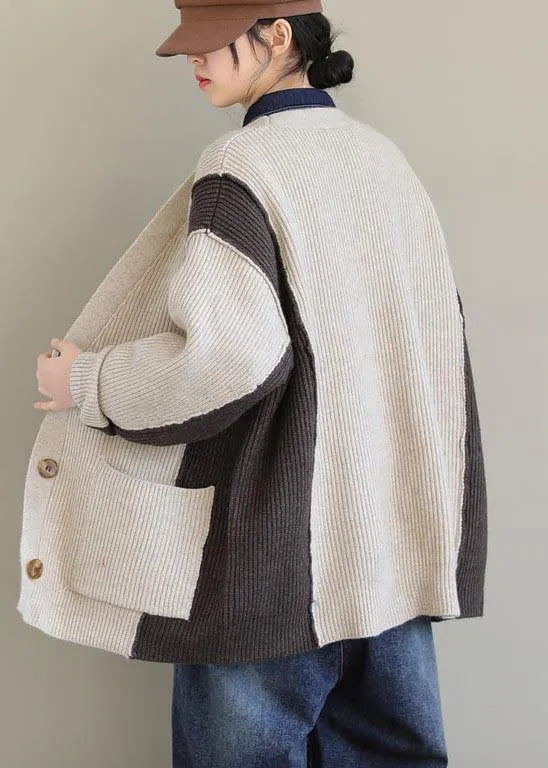 Aesthetic Spring Beige Knit Tops V Neck Button Down Knitted Clothes