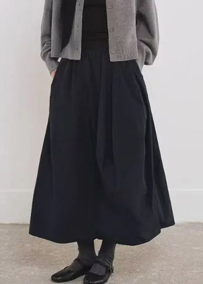 Simple Black Pockets Elastic Waist Cotton a Line Skirts Fall