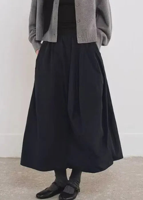 Simple Black Pockets Elastic Waist Cotton a Line Skirts Fall