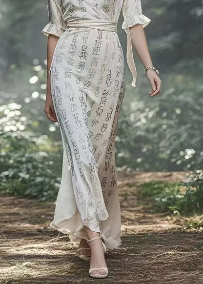 White Print Draping Silk Long Dresses Cinched Half Sleeve