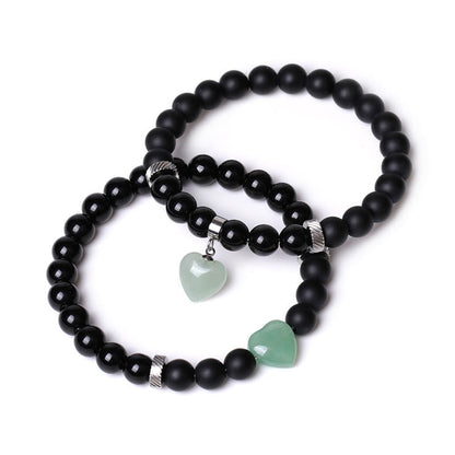 Buddha Stones 2pcs Black Onyx Crystal Stone Love Heart Protection Support Couple Bracelet