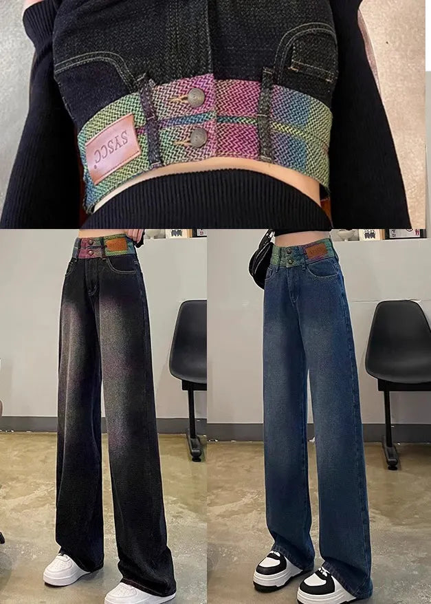 Black High Waist Patchwork Denim Straight Pants Spring