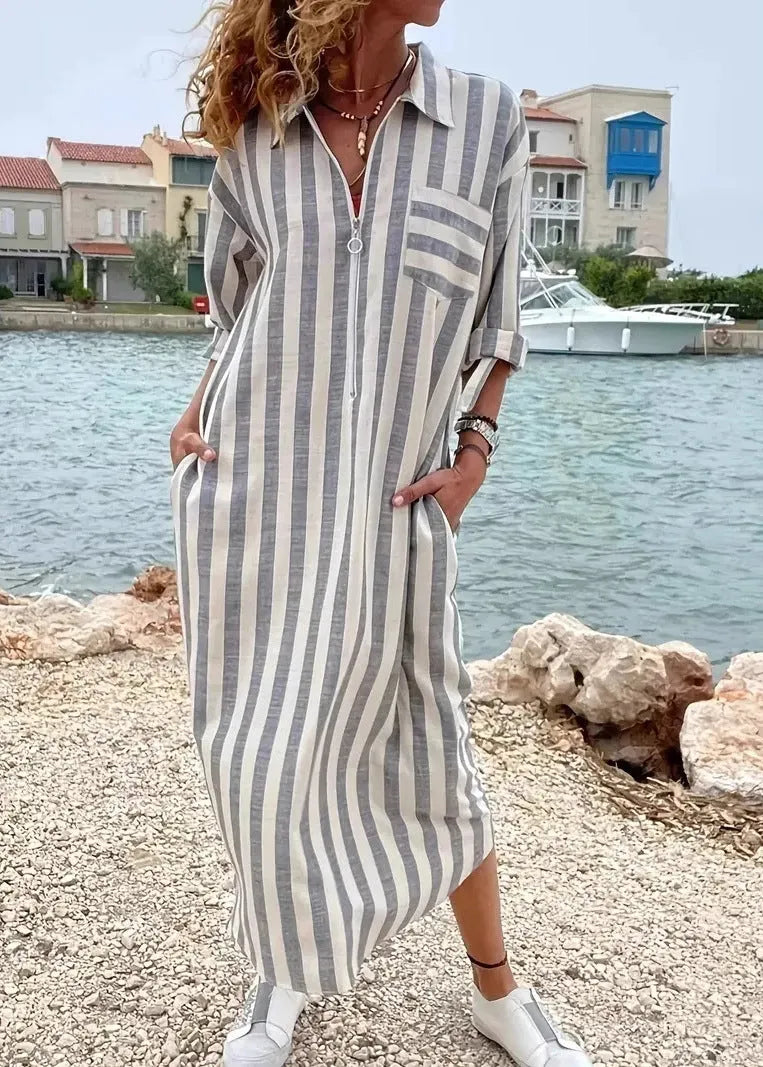 Grey Peter Pan Collar Striped Cotton Dresses Fall