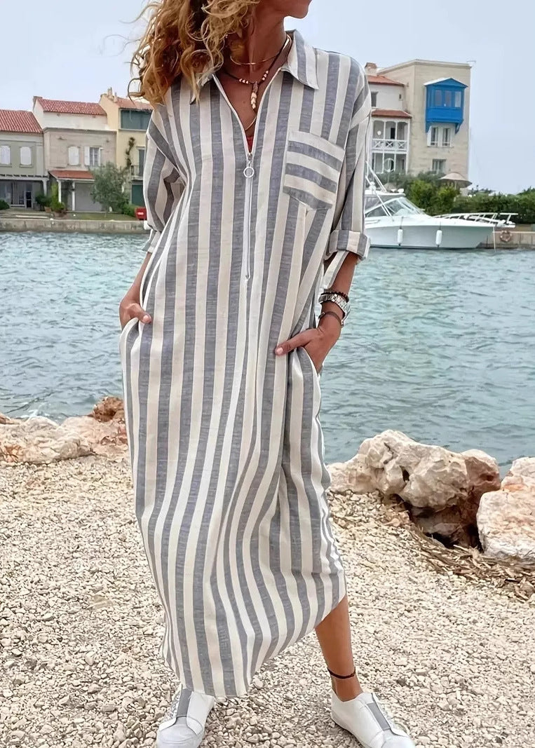 Grey Peter Pan Collar Striped Cotton Dresses Fall