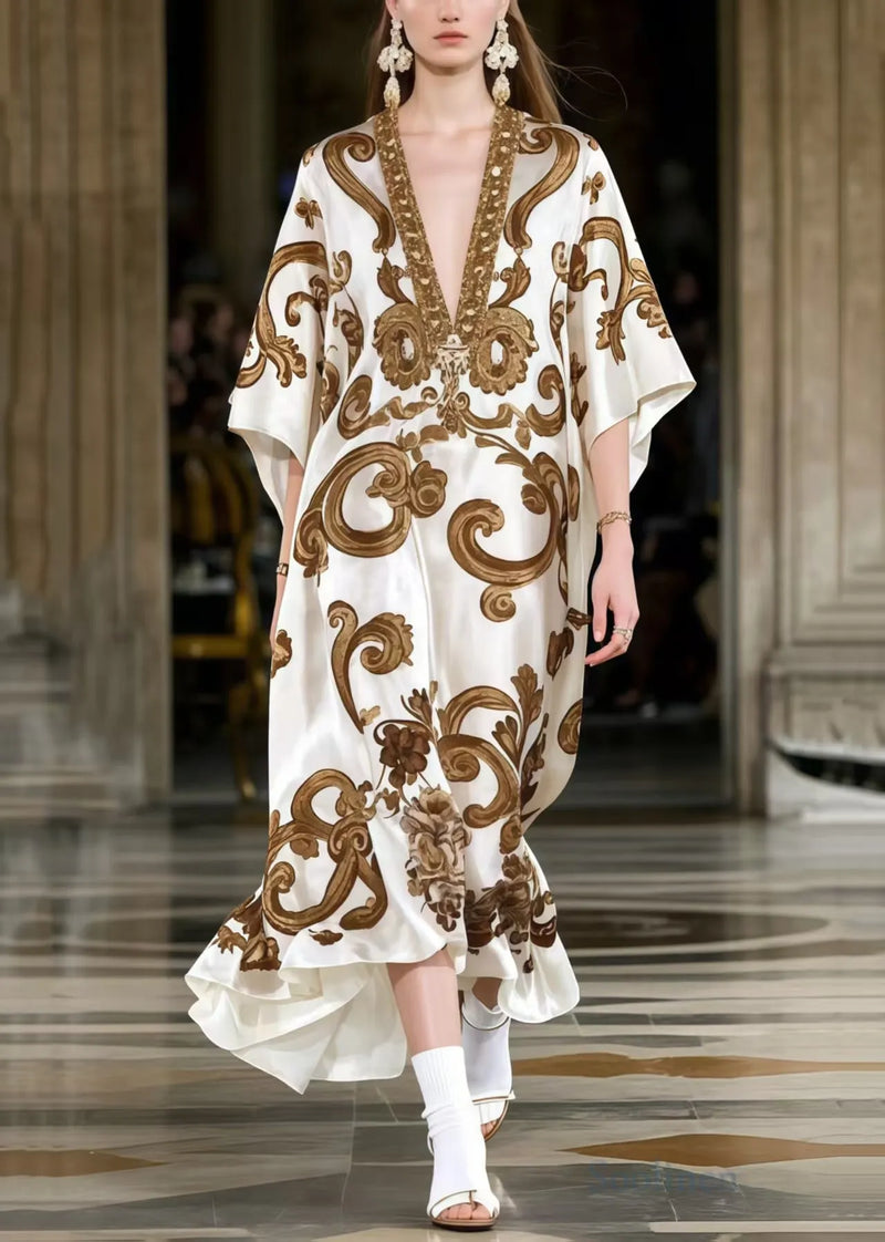 Coffee Oversized Print Silk Maxi Dresses Summer