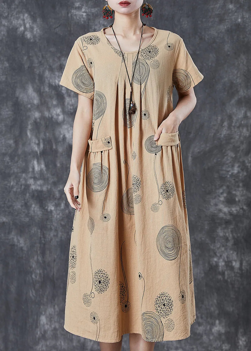 Khaki Print Pockets Cotton Holiday Dress Summer