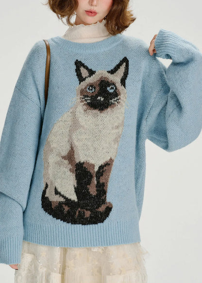 Blue Oversized Dog Jacquard Knit Sweater Tops Winter