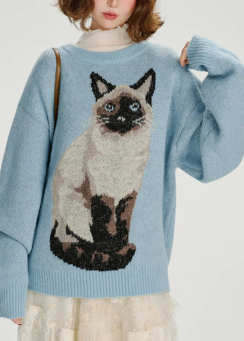 Blue Oversized Dog Jacquard Knit Sweater Tops Winter