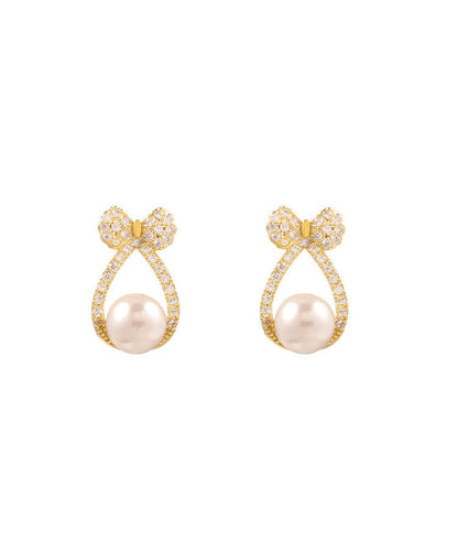 Diy Gold Sterling Silver Alloy Zircon Pearl Bow Stud Earrings