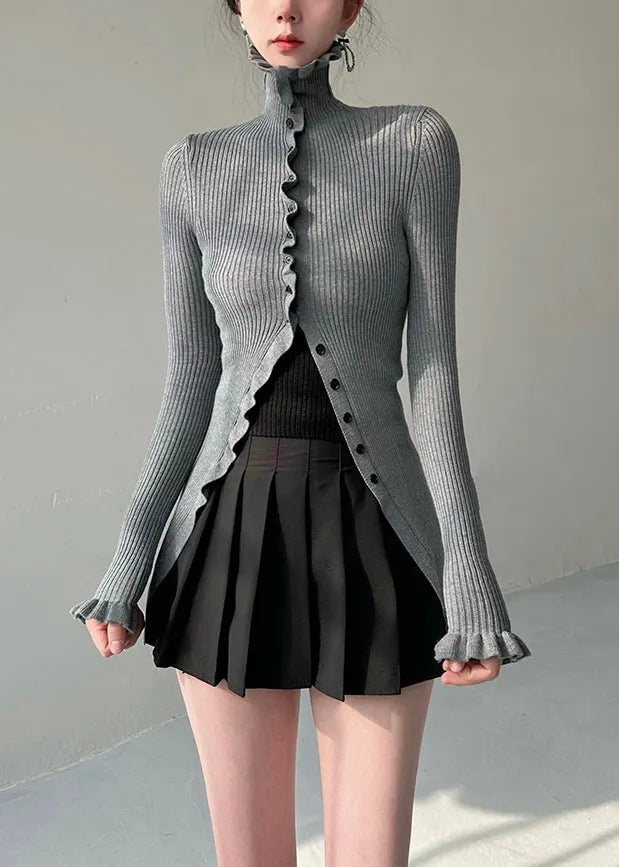 Grey Turtleneck Button Knit Sweater Butterfly Sleeve