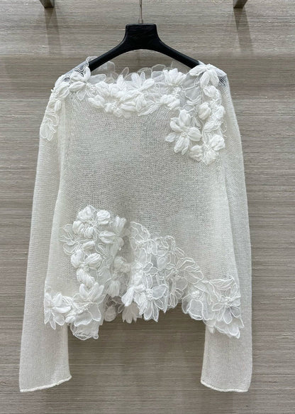 Stylish White O-neck Knit Shirt Tops Fall